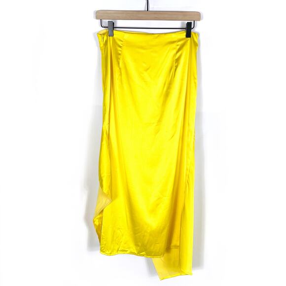 Superdown Kristy Ruched Midi Skirt Yellow Satin Front Slit High Rise Sz S - Picture 9 of 10